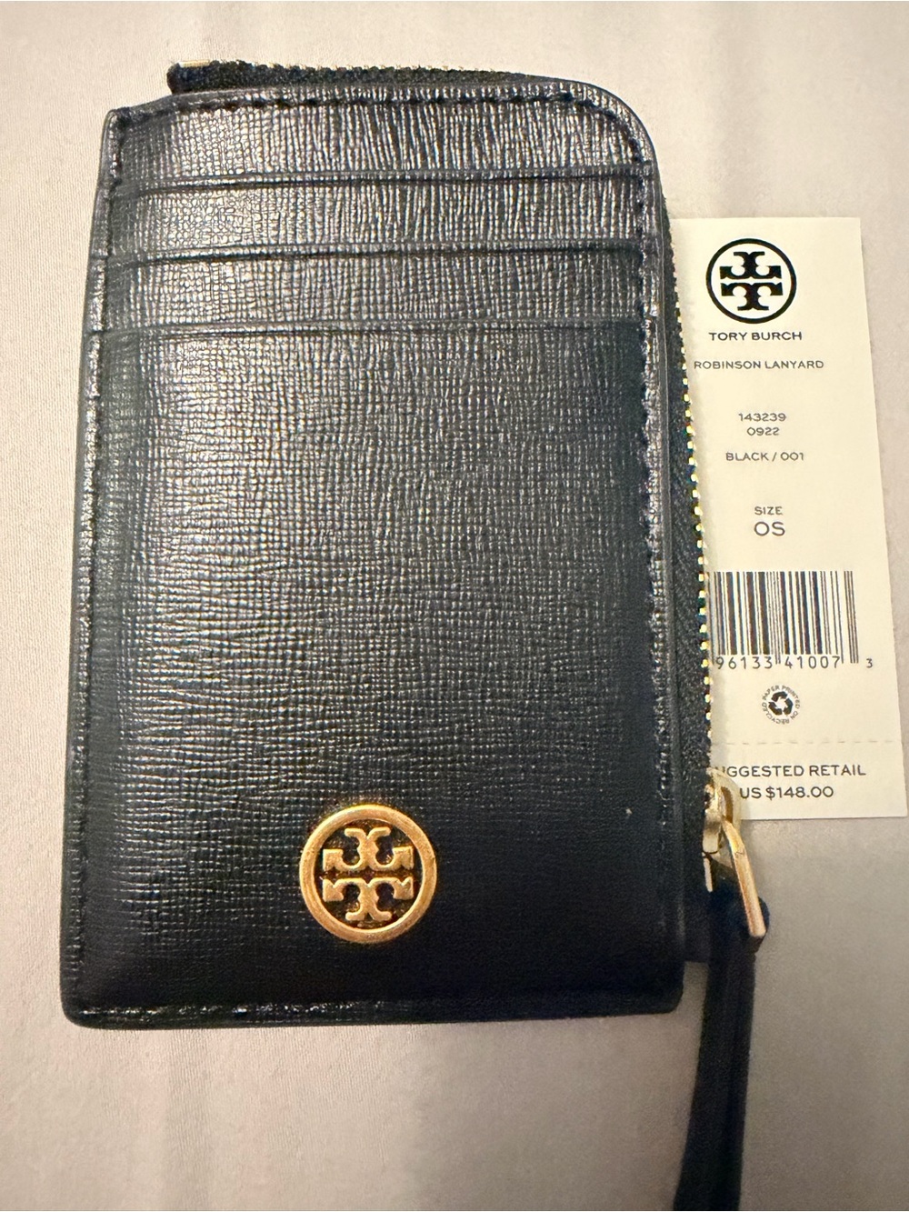 Tory Burch Black Leather Zip Card Case with Gold Logo